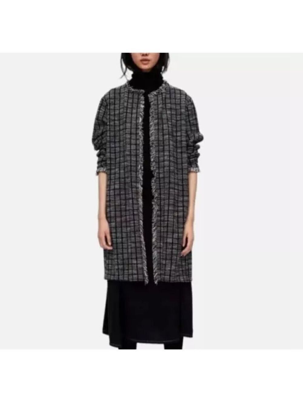 Zara Basic Black/White Tweed Long Open Front Long Cardigan/Duster Size M Pocket